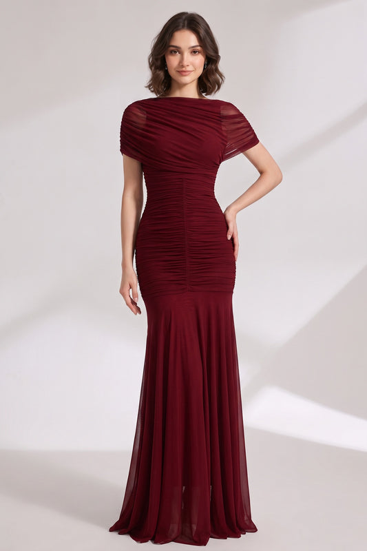 burgundy mesh mermaid evening gown burgundy mesh evening gown - product view 1