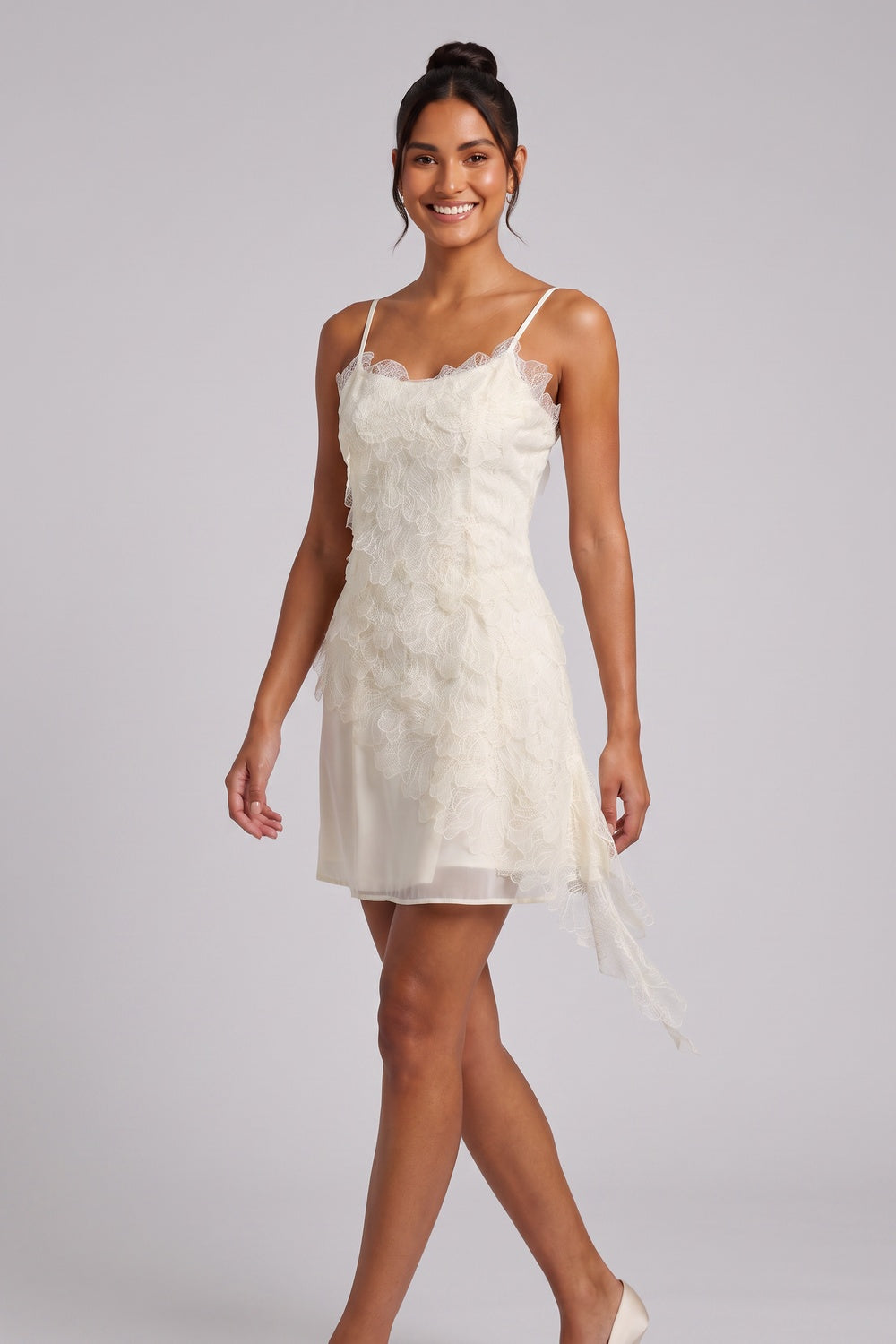 White Ruffled Lace Mini Slip Dress Premium Fabric - product view 2