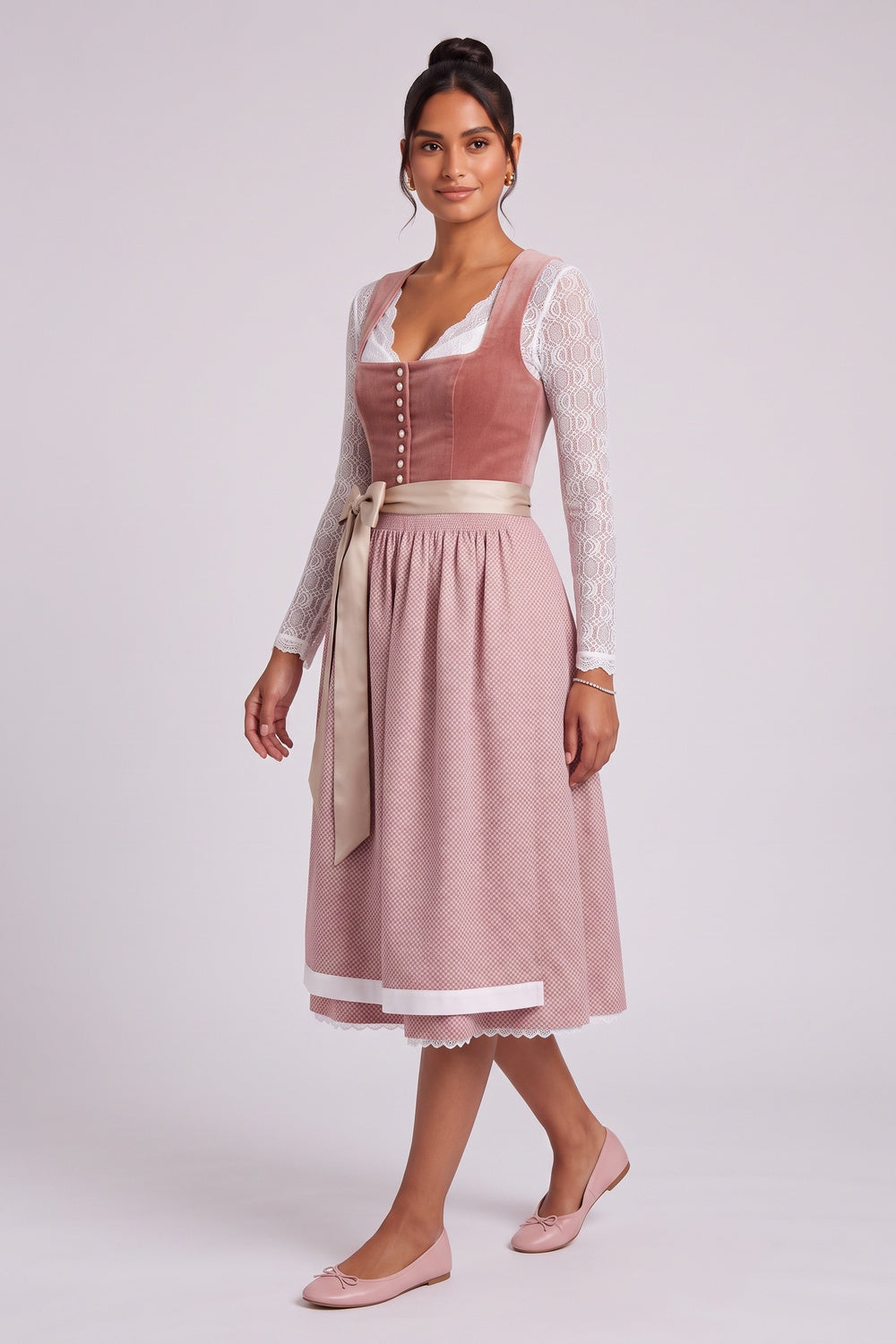 dusty rose velvet bodice a-line dirndl dress dusty rose, terracotta pink velvet bodice, woven patterned skirt dirndl dress - product view 4