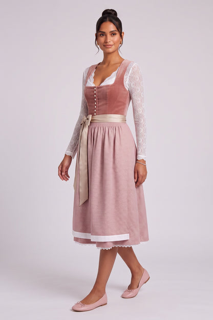 dusty rose velvet bodice a-line dirndl dress dusty rose, terracotta pink velvet bodice, woven patterned skirt dirndl dress - product view 4