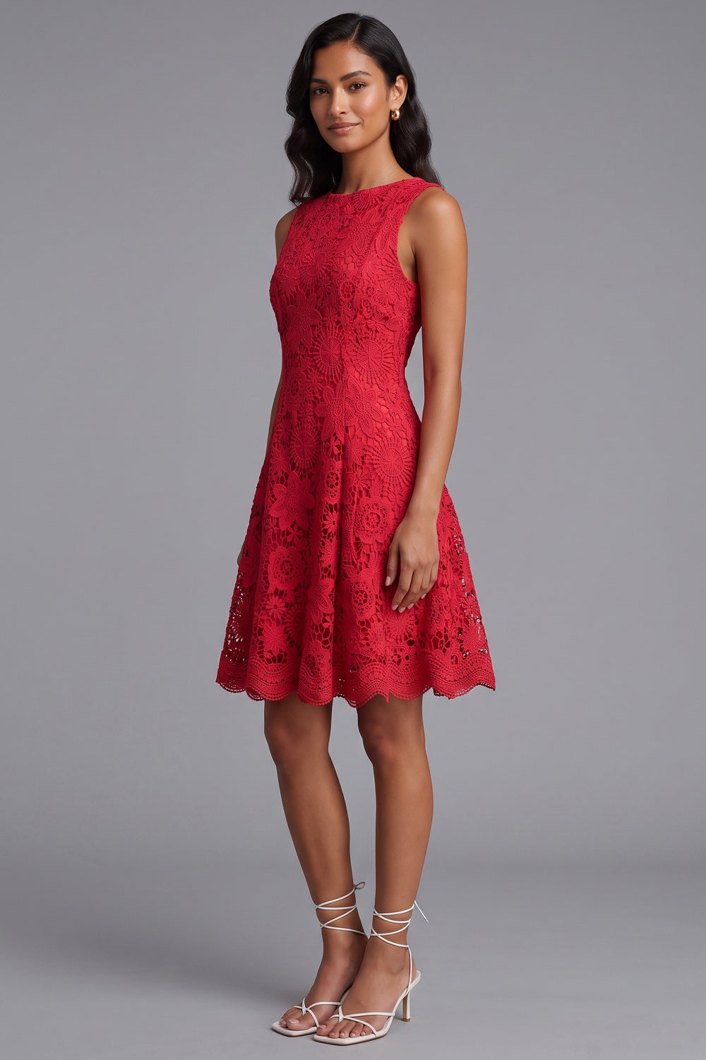 Red Guipure Lace Fit-and-Flare Dress red guipure lace dress - product view 1