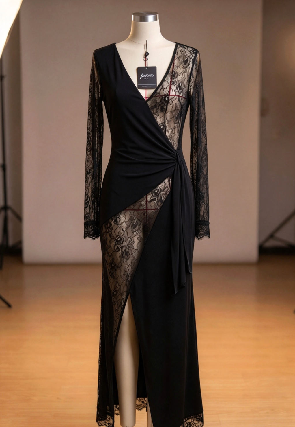 Asymmetrical Wrap Maxi Dress in Black Opaque Crepe with Floral Lace Panels