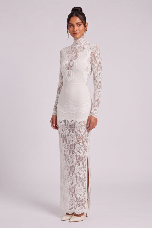 Off-White Floral Lace Sheath Gown off-white floral lace gown - product view 3