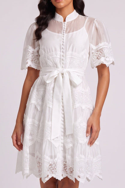 White Mandarin Collar Puff Sleeve Tiered Lace Midi Dress with Waist Sash