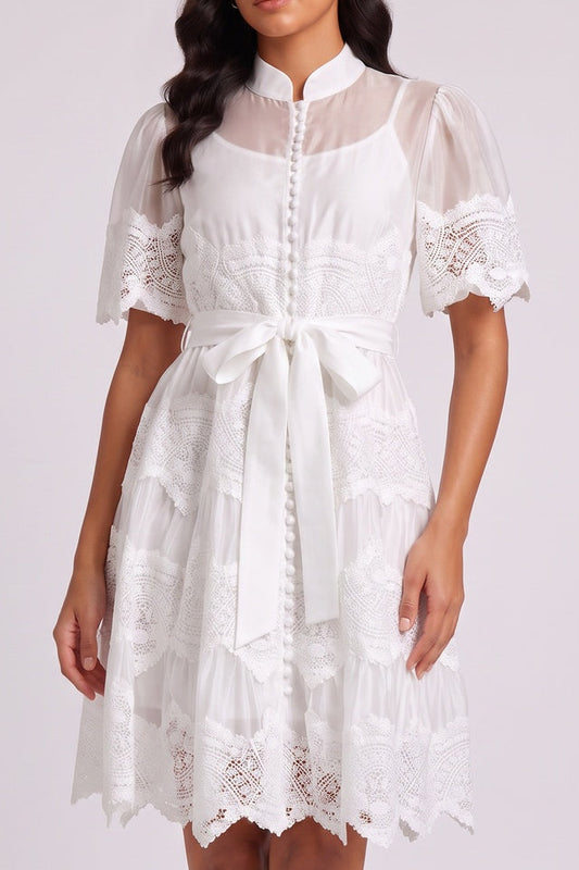 White Mandarin Collar Puff Sleeve Tiered Lace Midi Dress with Waist Sash