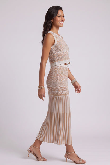 Beige Pointelle Knit Fitted Column Two-Piece Set beige, tan pointelle knit two-piece set - product view 2