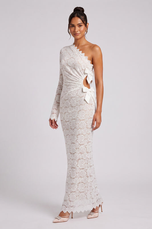 White Floral Lace One-Shoulder Column Gown white floral lace gown - product view 1