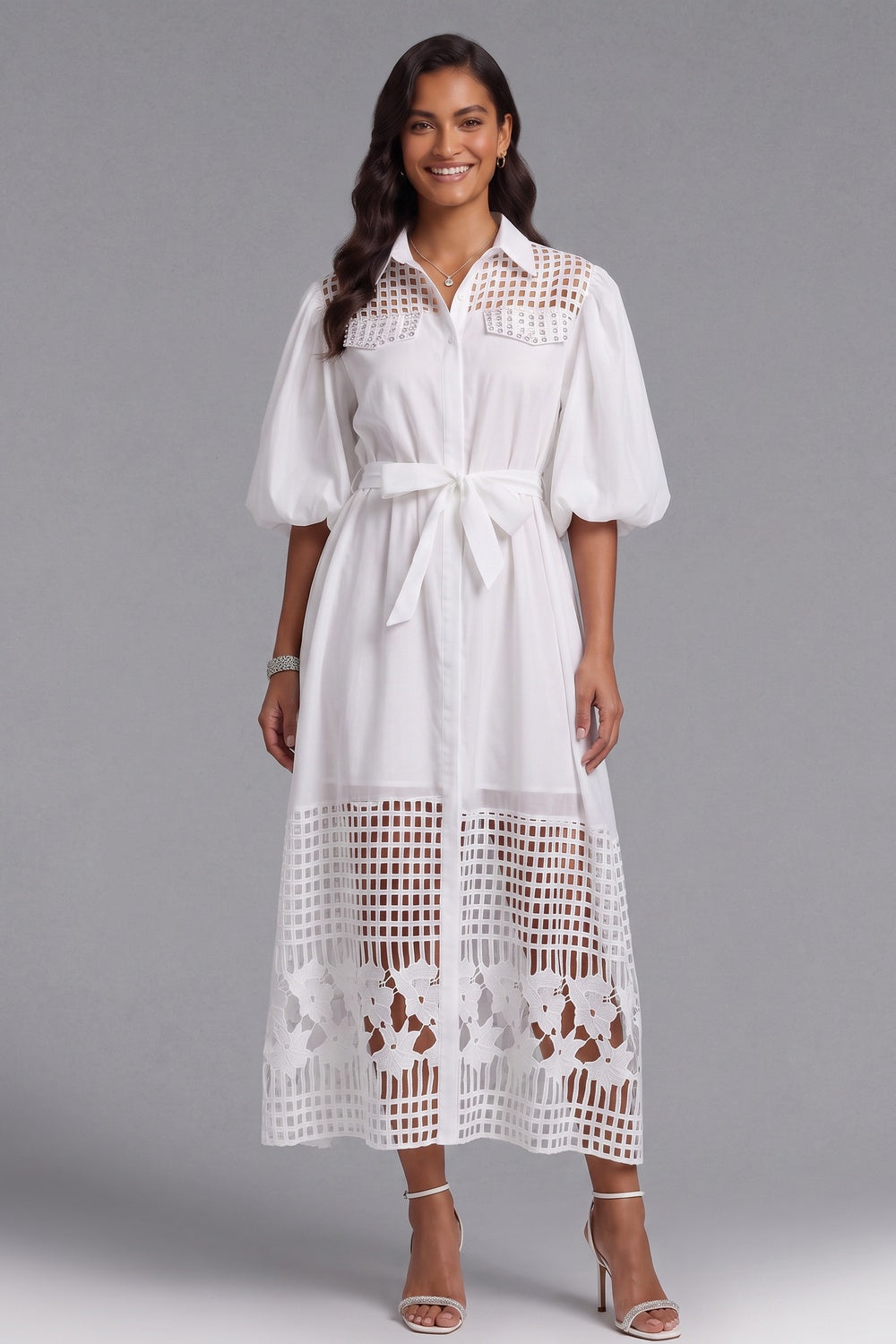 White A-Line Shirt Dress with Lace Panels and Puff Sleeves white smooth woven cotton-blend shirt dress - product view 4