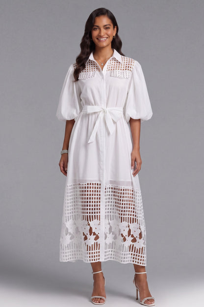 White A-Line Shirt Dress with Lace Panels and Puff Sleeves white smooth woven cotton-blend shirt dress - product view 4