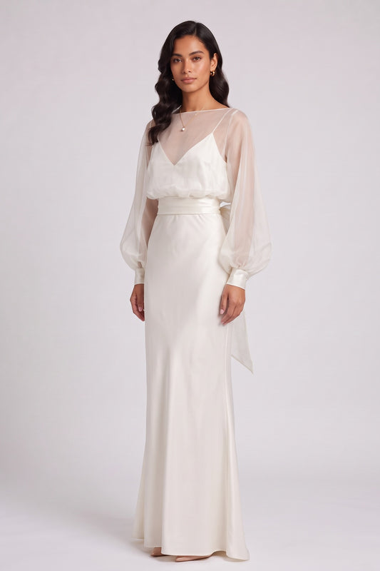 Ivory Silk Satin Column with Flared Hem Gown ivory silk satin gown - product view 2