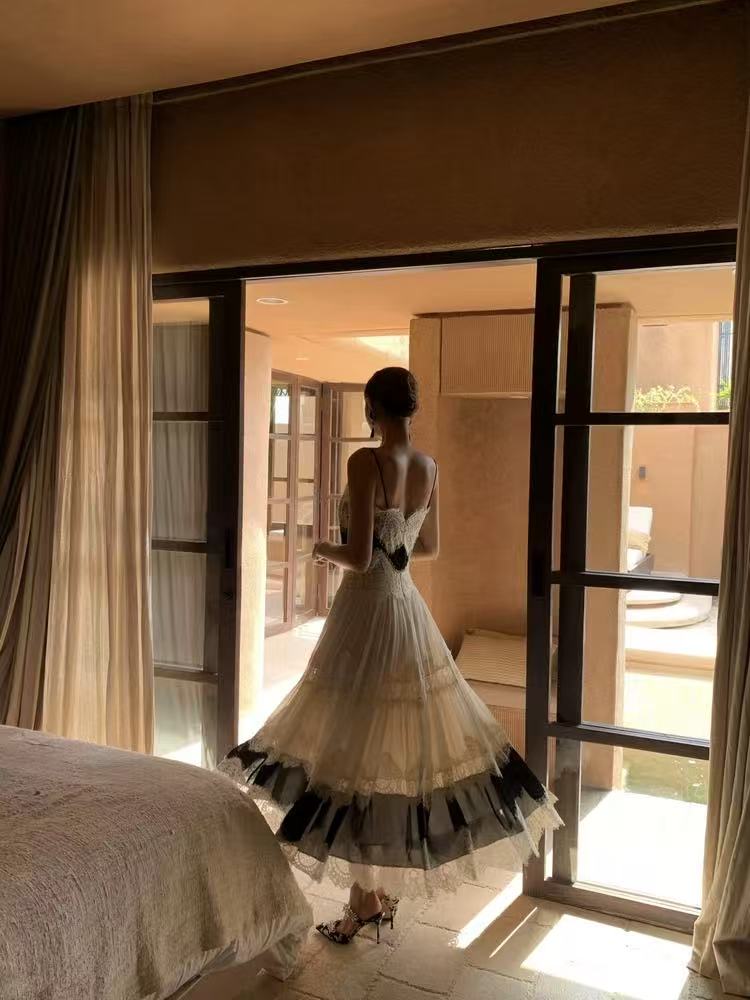 Black & White Lace Tiered Spaghetti Strap Maxi Dress