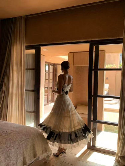 Black & White Lace Tiered Spaghetti Strap Maxi Dress