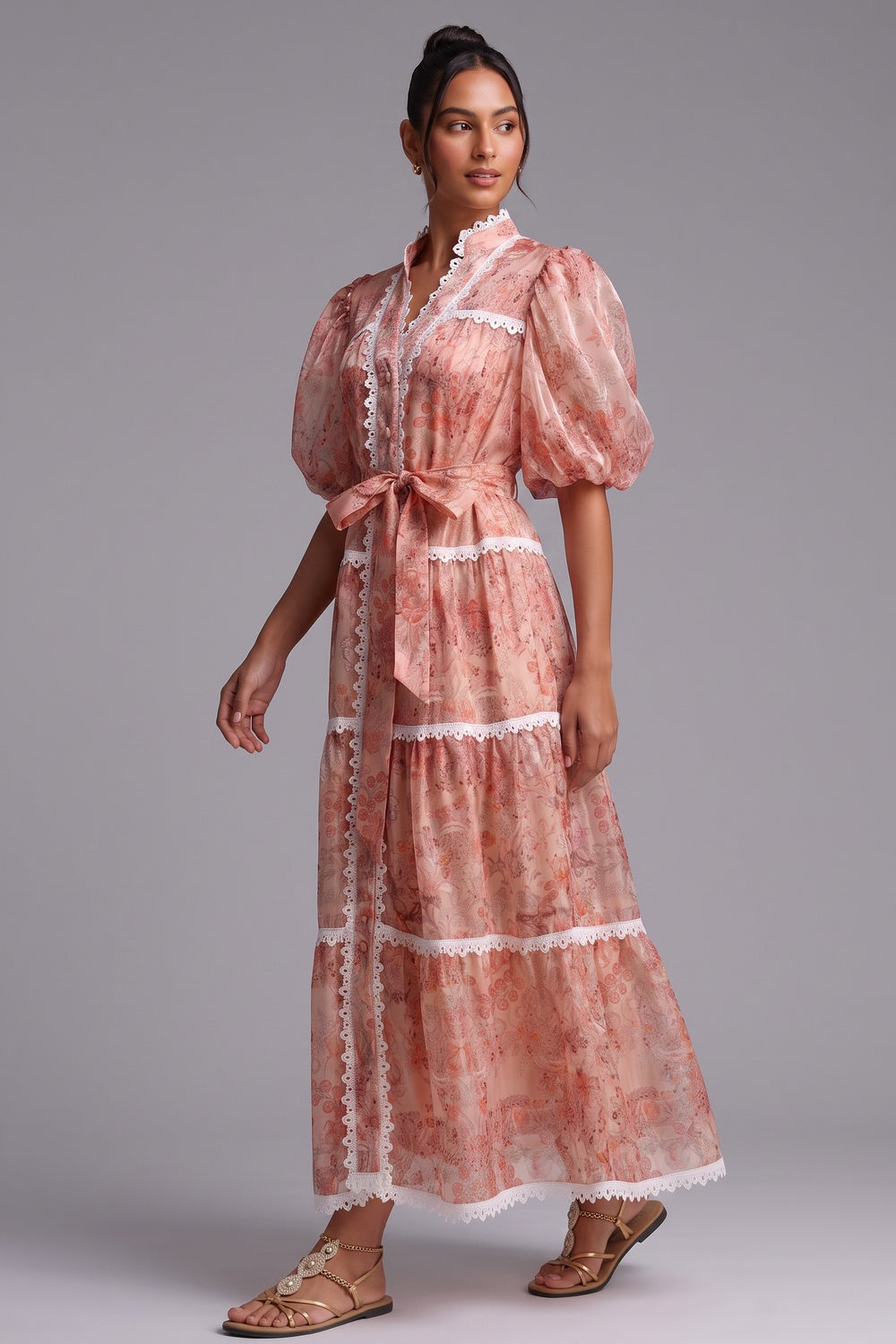 Peach Organza A-Line Tiered Maxi Dress with Botanical Floral Print peach, coral pink organza dress - product view 3