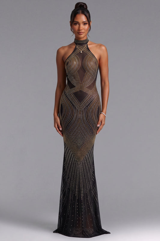 Black Gold Embellished Mermaid Evening Gown Premium Fabric - product view 1