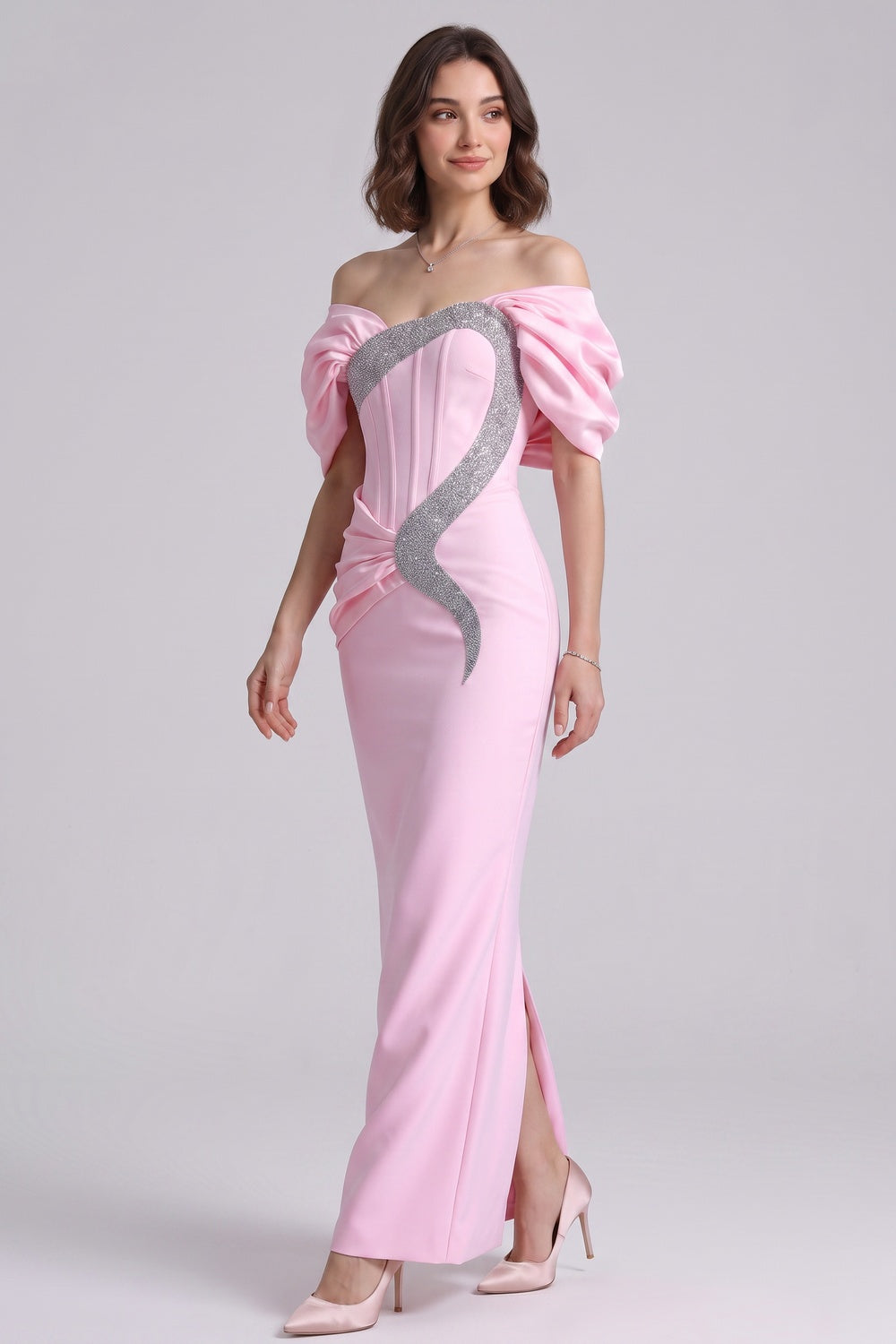 Light Pink Satin-Crepe Column Gown with Silver Sparkly Trim light pink satin-crepe gown - product view 4