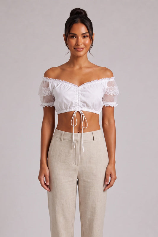 white woven cotton blend off-the-shoulder crop top dirndl blouse white woven cotton blend dirndl blouse - product view 1