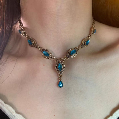 Vintage Blue Crystal Gem Statement Choker Necklace