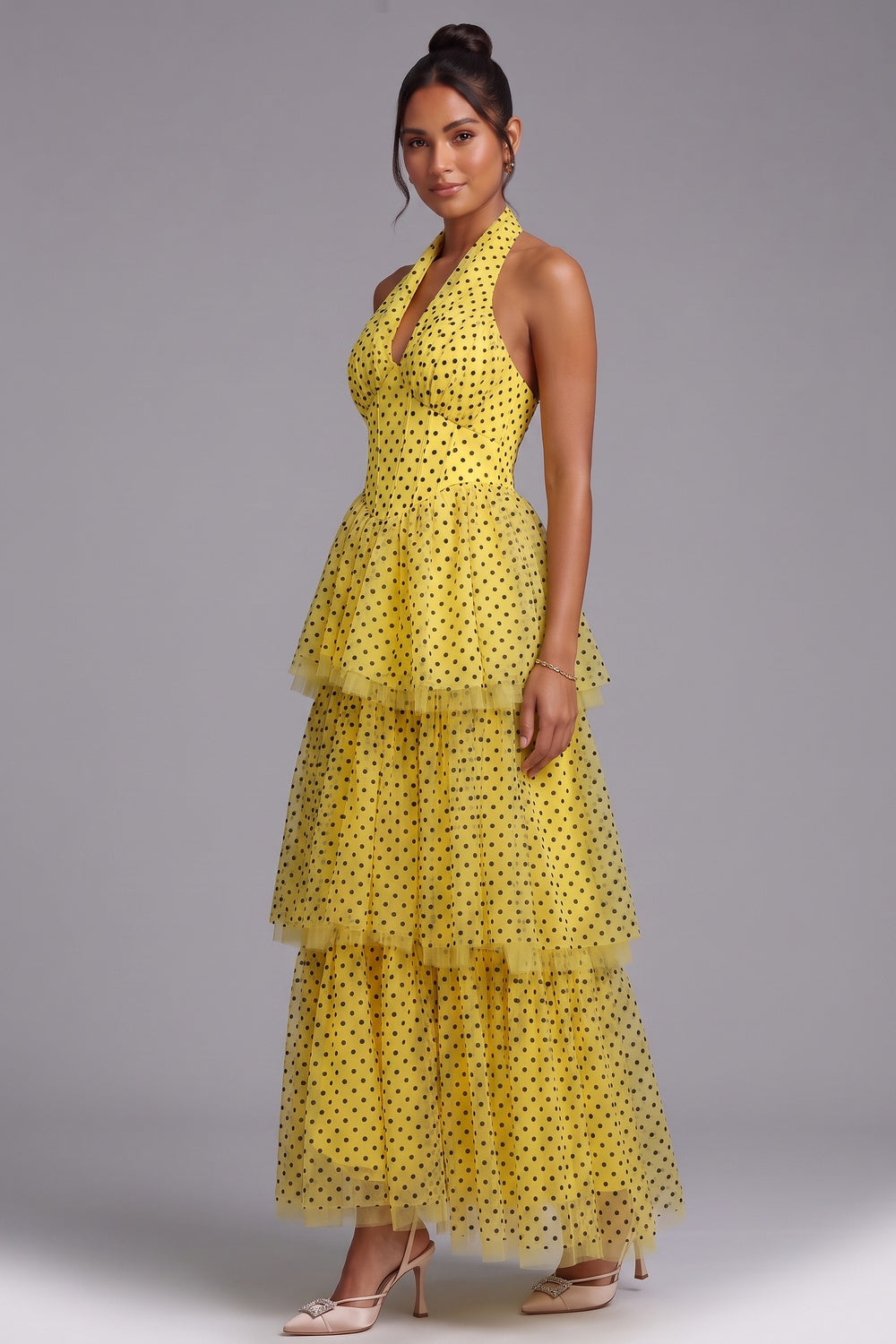 Yellow Polka Dot Tiered Halter Maxi Dress Premium Fabric - product view 5