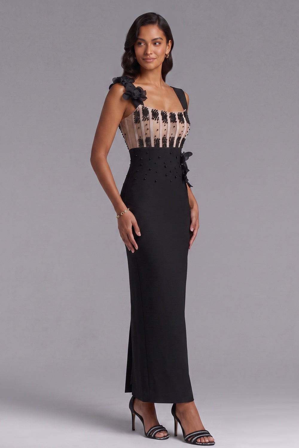 Black Structured Crepe Column Evening Gown with Beaded Bodice black structured crepe evening gown - product view 4