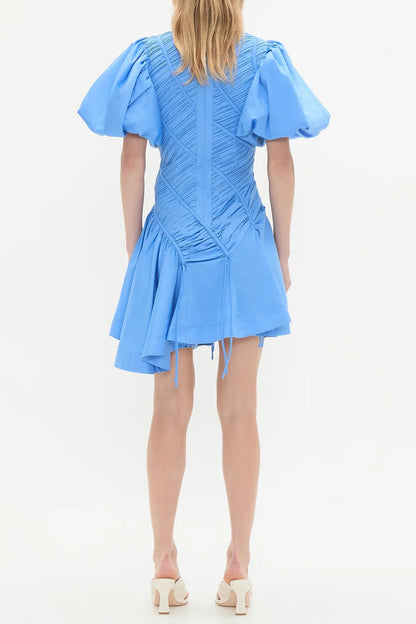 eudora Asymmetric pleated puff sleeve mini dress in mist blue