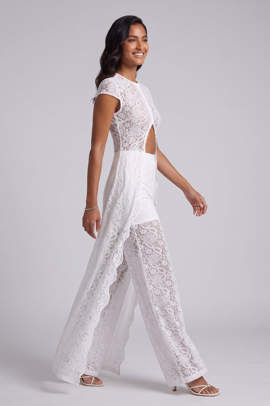White Floral lace Slim-fit maxi top with high front slit; high-waisted wide-leg pants Two-piece set (longline tunic and pants) White Floral lace Two-piece set (longline tunic and pants) - product view 2