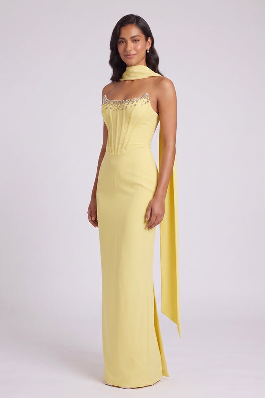 Yellow Halter Maxi Dress with Open Back and Bow Detail Premium Fabric - product view 2