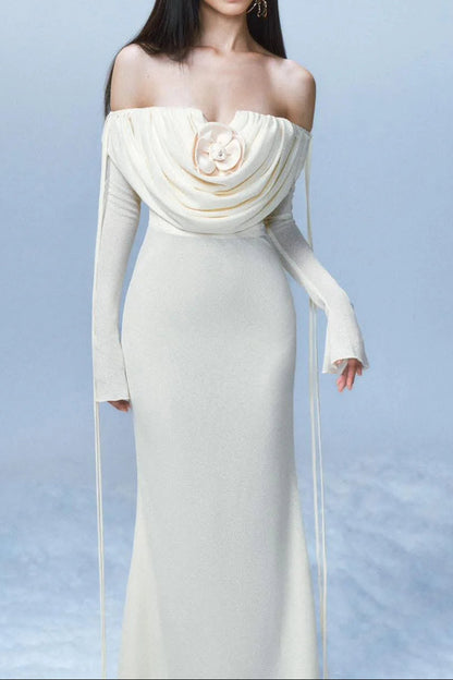 lila flower embellished pleated strapless maxi dress in white