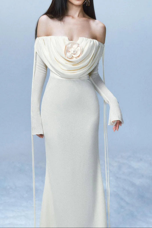 lila flower embellished pleated strapless maxi dress in white