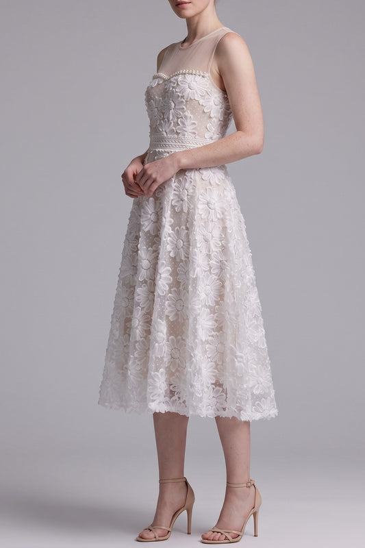 Sheer Mesh Mock Neck Sleeveless 3D Floral Tulle Midi Dress