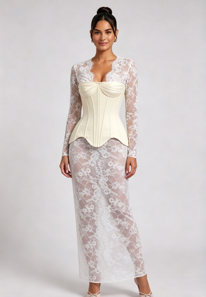 white sheer floral lace column dress with structured hourglass corset overlay layered maxi dress