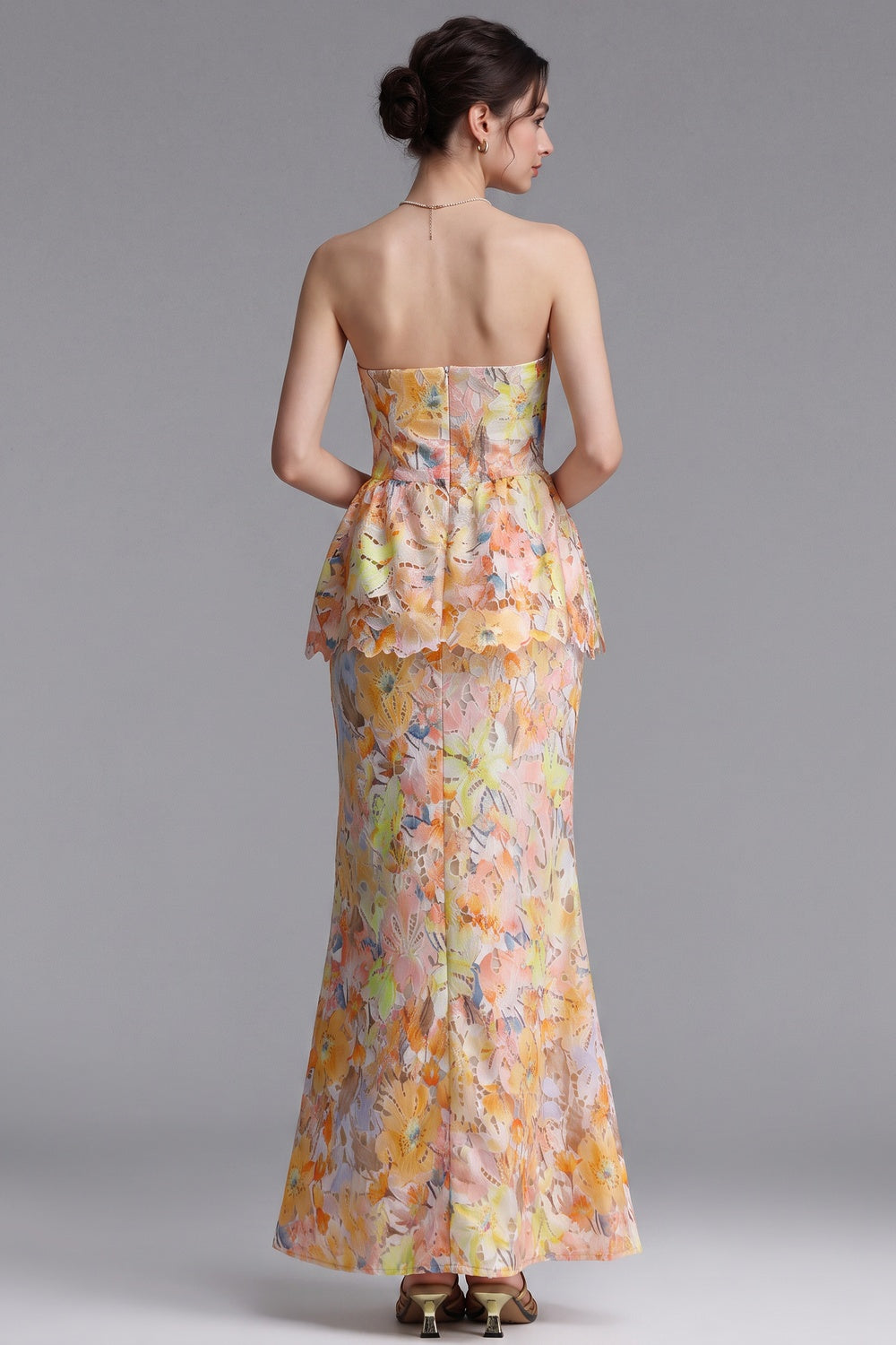 Yellow Laser-Cut Lace Column with Peplum Gown yellow, pink, orange laser-cut lace gown - product view 5