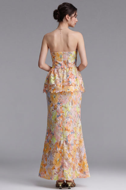 Yellow Laser-Cut Lace Column with Peplum Gown yellow, pink, orange laser-cut lace gown - product view 5
