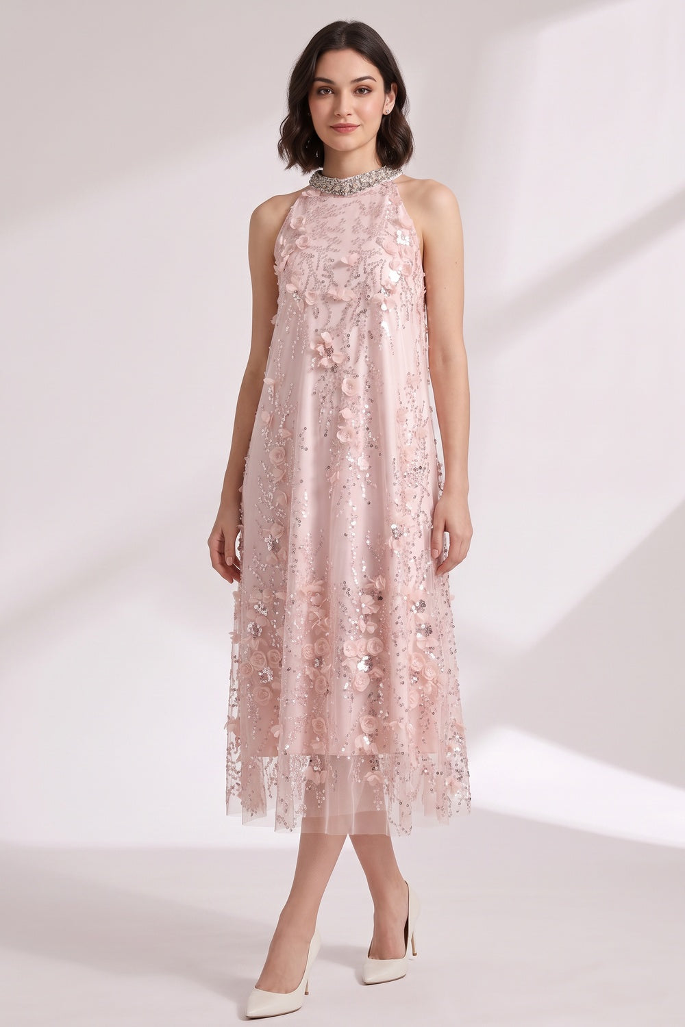 Blush Pink Tulle Mesh A-Line Shift Dress with Floral Embellishment blush pink tulle mesh dress - product view 2
