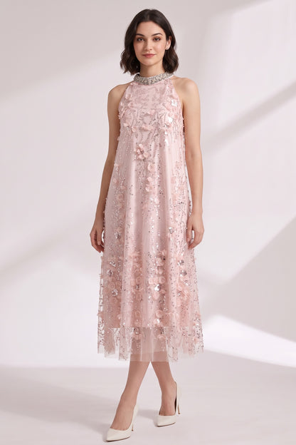 Blush Pink Tulle Mesh A-Line Shift Dress with Floral Embellishment blush pink tulle mesh dress - product view 2
