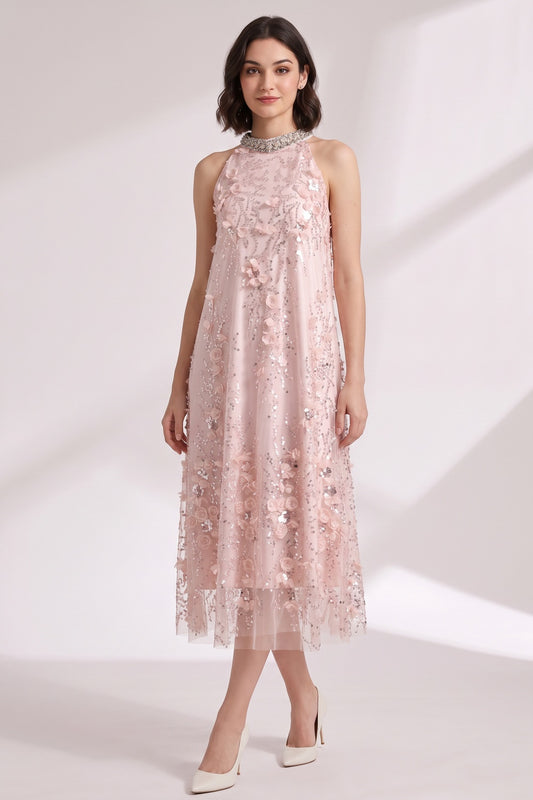 Blush Pink Tulle Mesh A-Line Shift Dress with Floral Embellishment blush pink tulle mesh dress - product view 2