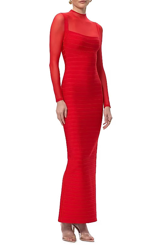 tina Red long-sleeve mesh see-through bandage maxi dress