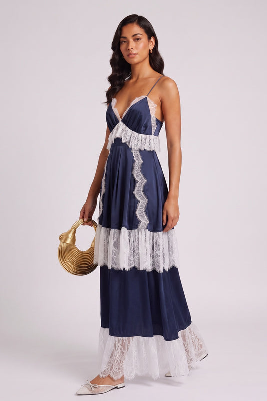 Navy Spaghetti Strap V-Neck Tiered Lace Fringe Maxi Dress