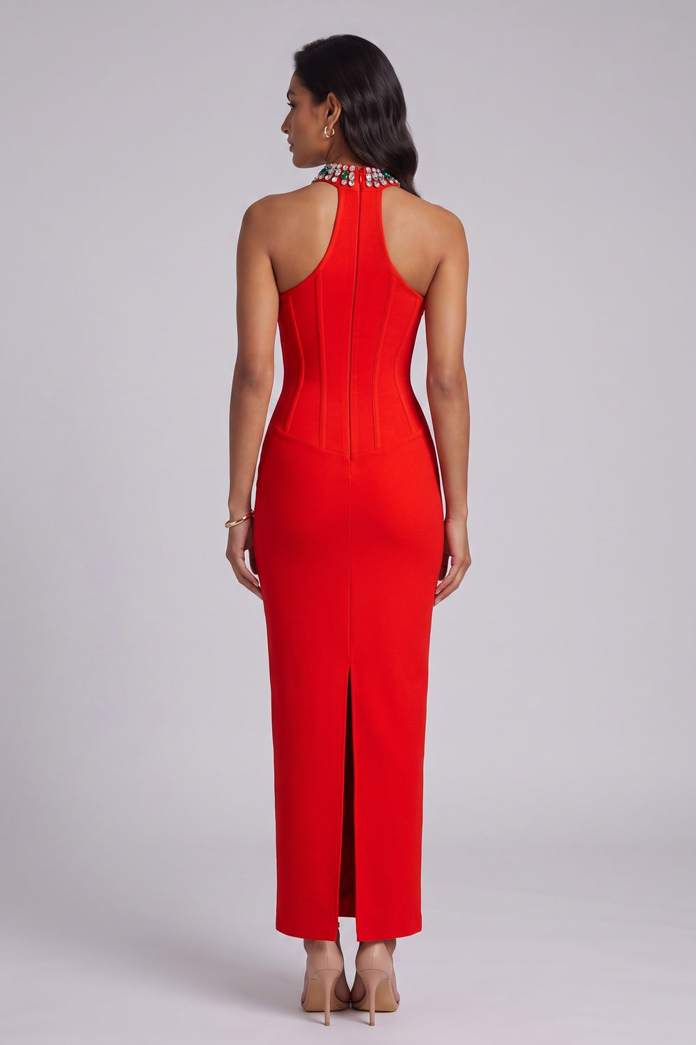 Red Crepe Sheath Dress with Embellished Halter Neck red crepe dress - product view 5