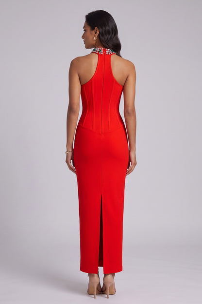 Red Crepe Sheath Dress with Embellished Halter Neck red crepe dress - product view 5