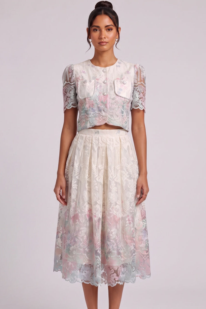 Floral Lace Two-Piece Set — Cropped Jacket & Midi Skirt Premium Fabric - product view 1