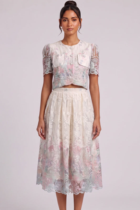 Floral Lace Two-Piece Set — Cropped Jacket & Midi Skirt Premium Fabric - product view 1
