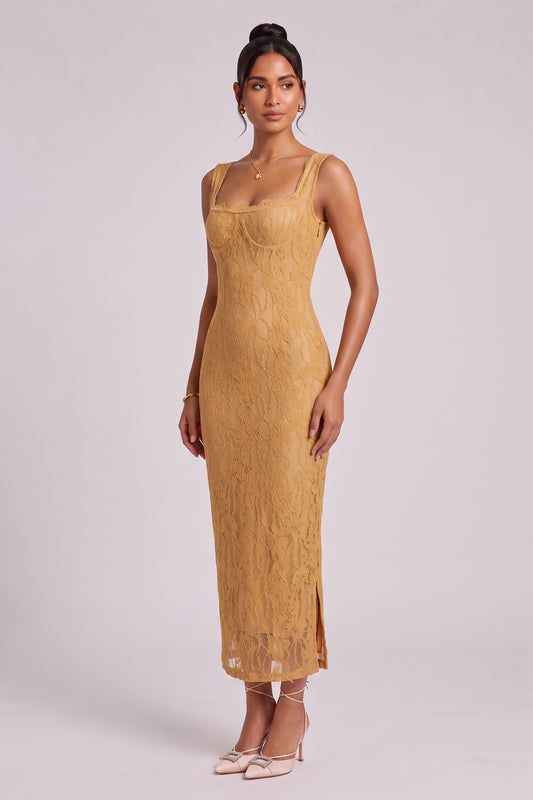 Mustard Yellow Textured Floral Lace Sheath Dress