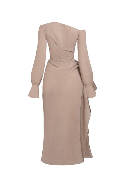 brianna Asymmetric Long Sleeve pleated maxi Dress in beige