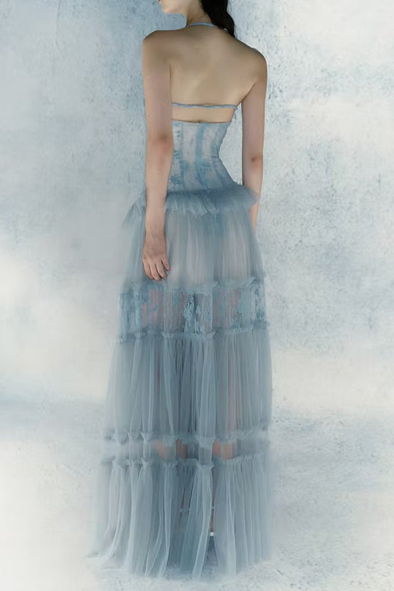 hermosa Lace splicing layer maxi dress in blue