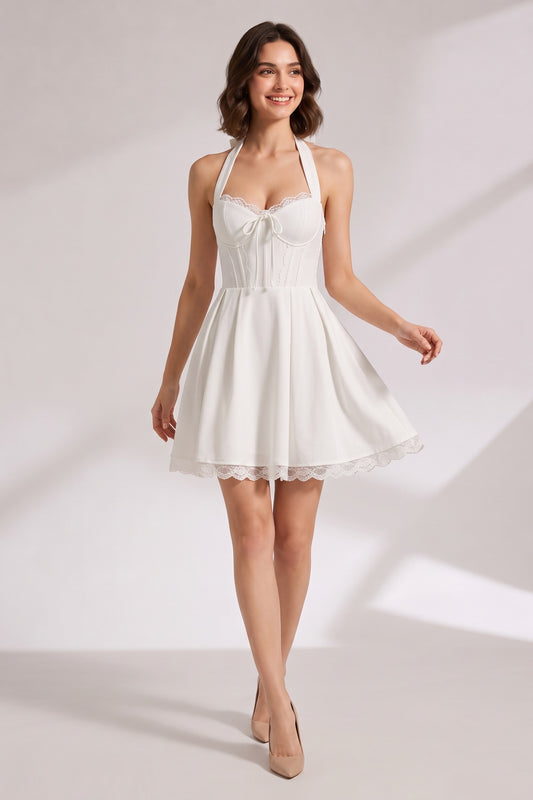white woven fabric A-line dress white, black woven fabric dress - product view 1