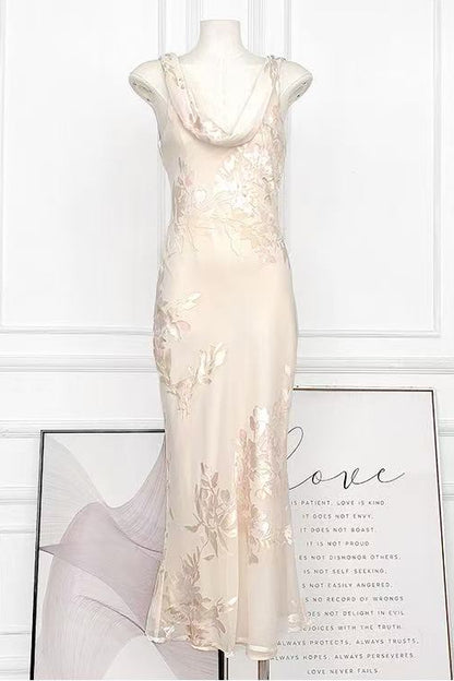 Draped Cowl Backless Floral Jacquard Mermaid Maxi Dress