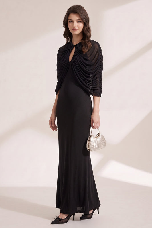 Black Matte Jersey Column Evening Gown with Draped Capelet black matte jersey evening gown - product view 3
