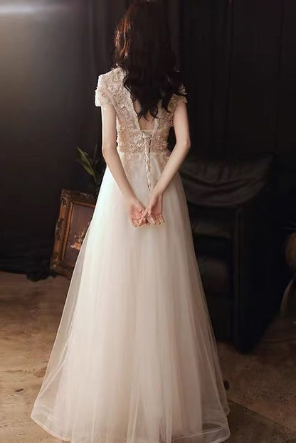 3D Floral Lace Short Sleeve Tulle Floor-Length Evening Gown