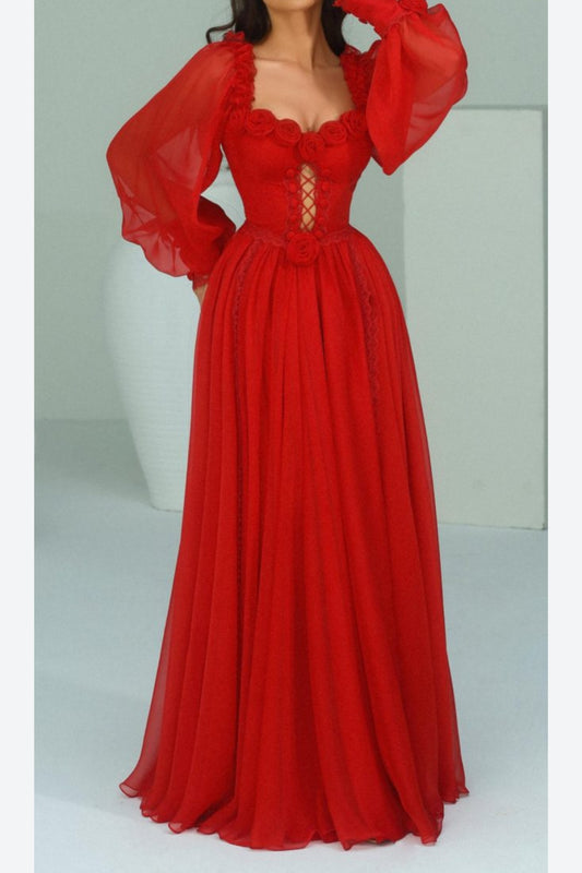 Chiffon 3D Flower Long Sleeve Midi Dress in red