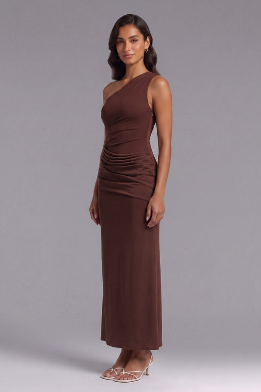 Chocolate Brown One-Shoulder Maxi Dress in Stretch Jersey chocolate brown stretch jersey dress - product view 2